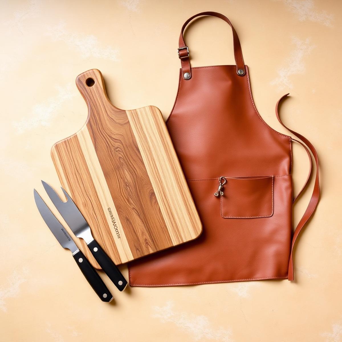 Kit asador completo: tabla + pechera + cuchillos — Roble + cuero + acero inoxidable